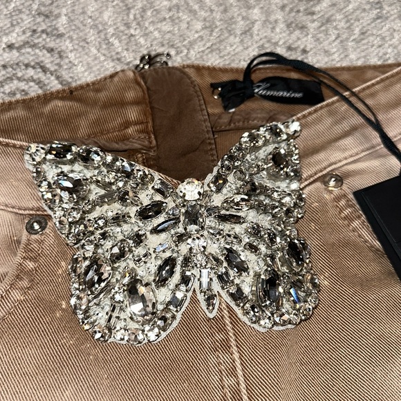 BLUMARINE runway Tan Butterfly Buckle Jeans Rhinestone rare 36 XS Small - Picture 7 of 11